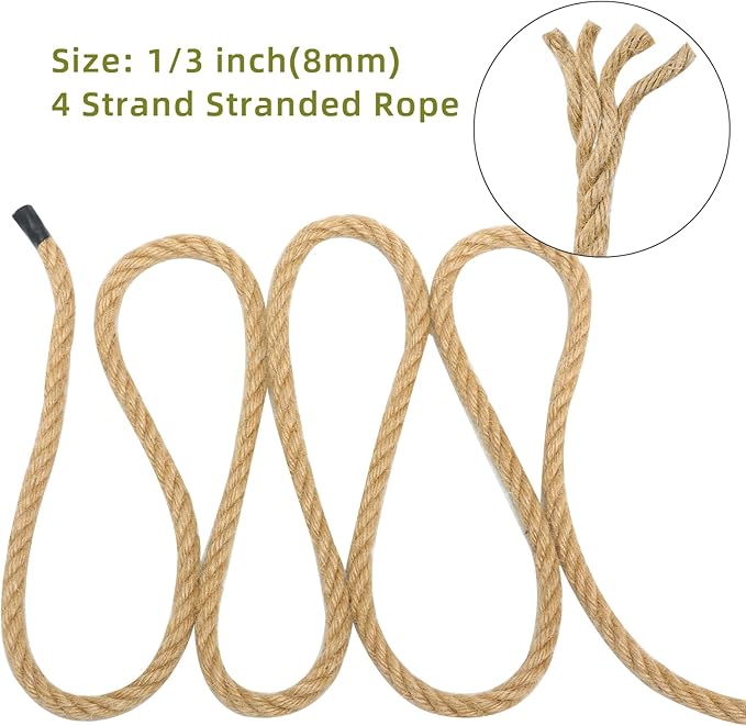 Jute Rope 1/3 Inch 200 Feet Hemp Ropes for Deer, Heavy Duty, Twisted, Natural, Tug of War, for Crafts, Home Decorating Gardening Bundling
