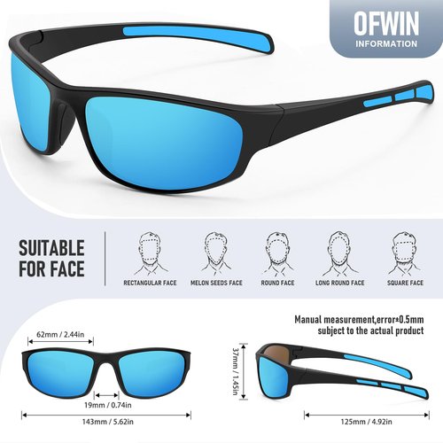 Ofwin Sports Polarized Sunglasses for Men Women Wrap Around Sun Glasses Fishing Cycling Driving Running UV Protection Blue Mirrored