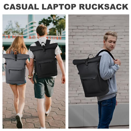 VASCHY Rolltop Travel Backpack for Men, Water Resistant Expandable Large Carry-on Casual Daypack for Work Business Hiking College Black