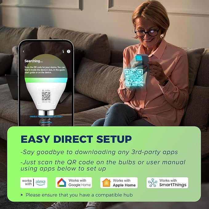 Matter E12 Smart Light Bulbs 50W Equivalent, Compatible with Alexa/Siri/Apple Home/Google Home/SmartThings, RGBCW G16.5 LED Candelabra Bulbs, 2.4G WiFi, ETL Listed, Hub Required, 4PCS