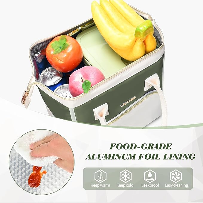 LOKASS Lunch Bag Women Insulated Lunch Box, Wide-Open Lunch Tote Bag Leak-proof Cooler Bag for Work Picnic-（Army Green）