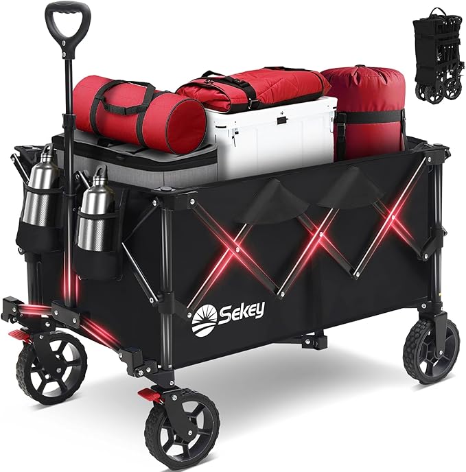 Sekey Pink Collapsible Foldable Wagon with 330lbs Weight Capacity, Heavy Duty Folding Wagon Cart with Big All-Terrain Wheels & Drink Holders. Pink