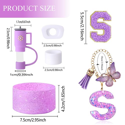 Stanley Cup Accessories Set of 6 PCS, Including Letter Stickers, Letter Chains, Straw Caps, Cup Sleeves, and Spill Proof Stoppers, Purple, 30 Oz 40 Oz, Water Bottle Carrier Set