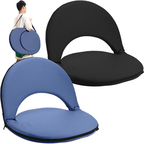Cinnvoice 2 Pcs Stadium Seats Floor Chairs Reclining Bleacher Seat with Shoulder Strap Portable Recreation Recliner Beach Folding Waterproof Cushion Chair for Sports(Black and Navy Blue)