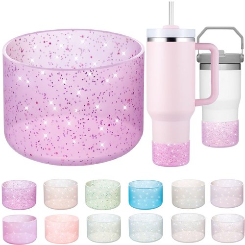 Onlymory Silicone Boot for 30 40 OZ Stanley Cup Accessories, Glitter Boots for Stanley 20OZ 30OZ Tumbler Ice-Flow 16OZ Bottle, Anti-Slip Bling Protector Bottom Cover Sleeve, Clear Carnation