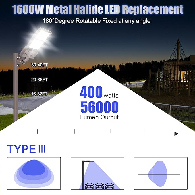 BBESTLED 400W LED Parking Lot Light Dusk to Dawn Outdoor Lighting Arm Mount 56000LM IP65 UL & DLC Commercial Light for Street Stadium Tennis Court 5000K (100-277VAC Input), LED Shoebox Light