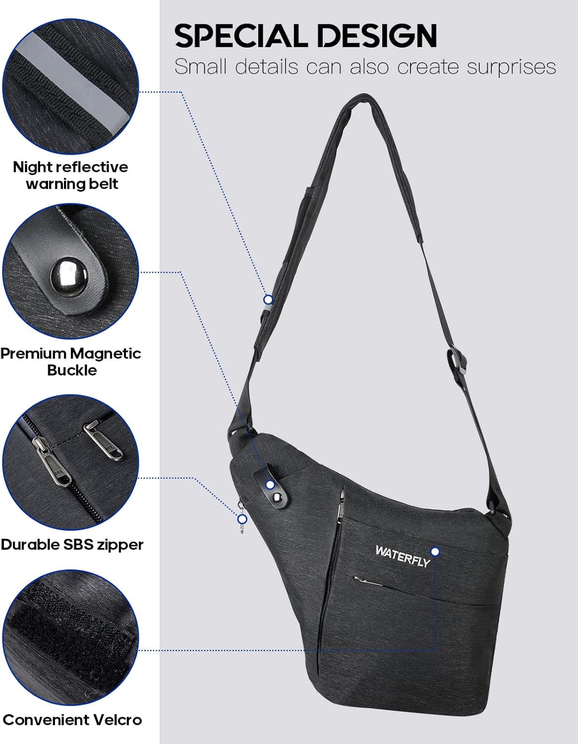 WATERFLY Sling Crossbody Chest Bag: Slim Anti-Theft Cross Body Bag Over Shoulder Backpack Stealth Side Pack Man Woman