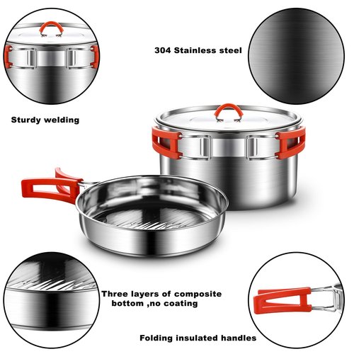 Camping Cooking Set,Camping Cookware Set,304 Stainless Steel Camping Pots and Pans Set, Includes Pot Nonstick Frying Pan Kettle in Mesh Bag for Hiking Outdoor Cooking Backpacking for 1-2 People