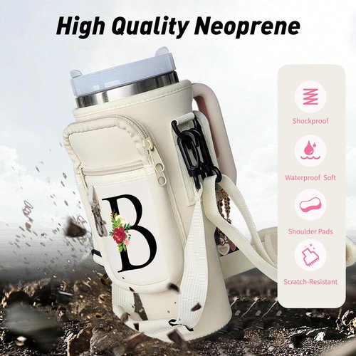 Water Bottle Holder with Strap for Stanley 40/30 oz Tumbler - Water Bottle Carrier Bag with Straw Cover and Decorative Chains, Personalized Gifts with Floral for Women/Girls/Stanley Cup Fans (B)