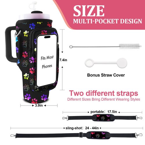 40 oz Tumbler Carrier with Strap Water Bottle Holdeand 30oz Tumbler Carrier with Strap Bottle Holder Dog Paw Stanley Cup Purse Accessories for Hiking Travelling Camping 3 Pockets to Hold More