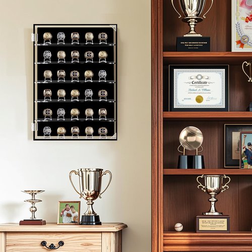 Acrylic Card Display Case ,5 Adjustable Shelves Wall Mount or Tabletop Clear Organizer for Sports Cards, Baseball Championship Rings, Trading Cards, Collectibles, Memorabilia Showcase
