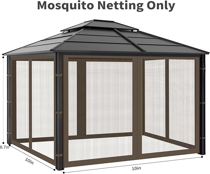 Gazebo Replacement Mosquito Netting Outdoor Universal Gazebo Canopy 4-Panels Screen Sidewalls with Zipper for Patio Garden Yard Backyard (Mosquito Net Only) (10x10, Coffee)