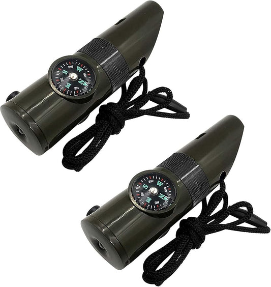 2 Pack Emergency Survival Whistle, 3-in-1 Emergency Whistles with Compass and Thermometer, Loud Safety Whistle with Lanyard for Outdoor Hiking