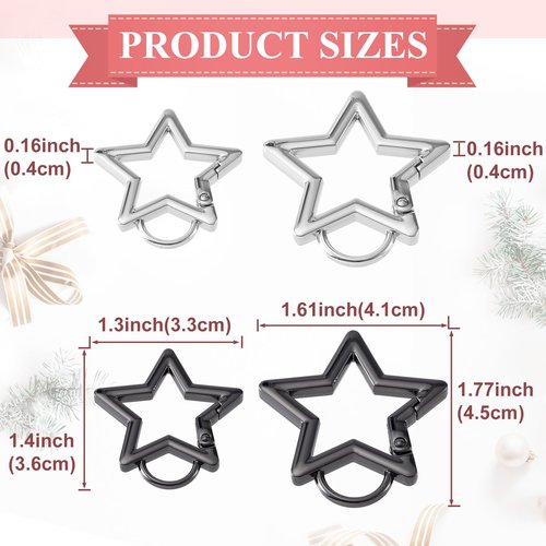 Pndeyo 4pcs Star Carabiner, Heavy Duty Star Spring Snap Hook Keyring, Zinc Alloy Keychain Clip Outdoor Accessories for Camping Hiking Fishing- Silver & Black