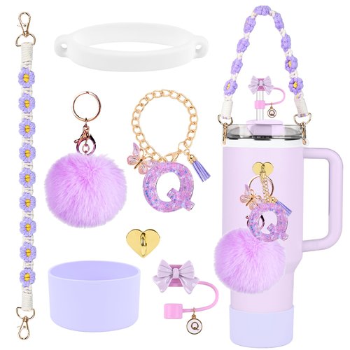 Stanley Cup Accessories Set, 10mm Bow Straw Topper, Siliocne Boot, Water Bottle Handle Strap, Letter Charms for Stanley Cup Straw Cover Cap 40oz 30oz (Q)