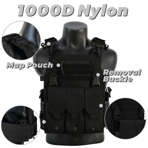 ULIONTAC Tactical Chest Training Clothing Suit with Quick Release Buckle Rig Mag Pouch ROC System Laser Cutting Adjustable (BK)