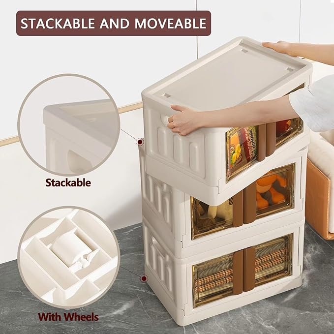 8.4Gal Collapsible Storage Bins with Lids & Wheels - 2 Pack Stackable with Doors, Heavy-Duty Plastic Containers for Home/Office, Milk White