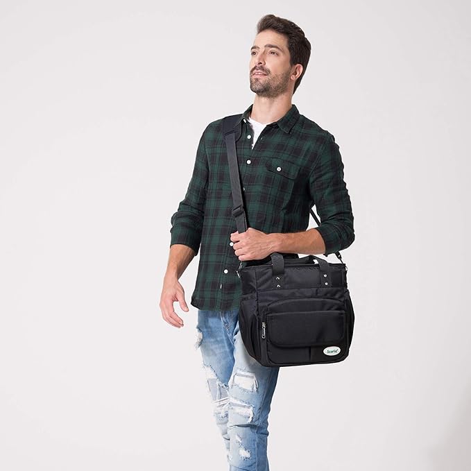 Scorlia Insulated Lunch Bag, Extra Large Leakproof Lunch Tote Bag With Removable Shoulder Strap, Durable Reusable Cooler lunch Box Bag with Side Pockets, Tall Drinks Holder for Women Men Work, Black
