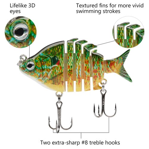 Bassdash SwimPanfish 2.5”/0.34oz Hard Bluegill Swimbaits Multi Jointed Topwater Trout Bass Fishing Crank Lure,Pack of 4