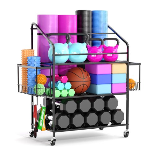 Workout Equipment Storage, Exercise Equipment Storage, Home Gym Organizer, Weight Rack for Home Gym, Kettlebell Rack, Free Weight Dumbbell Holder Cart, Yoga Organization Shelf, Rolling, Metal, 3 Tier