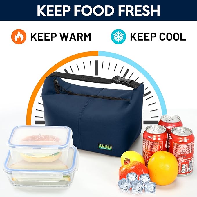 Haimont Small Insulated Lunch Bag, Reusable Thermal Cooler Lunchbox with Adjustable Buckle, Leakproof Practical Lunch Tote Women Men for Beach, Hiking, Business, Navy Blue