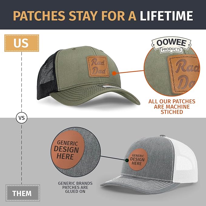 Leather Patch Hat for Men - Richardson 112 Trucker Hat w/Full-Grain Leather Patch, Laser-Engraved, Machine-Stitched