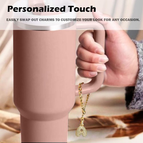 LUHOHI Cup Charms for Stanley Handle- Bubble Letter Charms Accessories for Stanley 40 Oz Tumblers Cute Fat Initial Keychain with Diamond Glitter Jewelry Personalized Water Bottle Decorations R