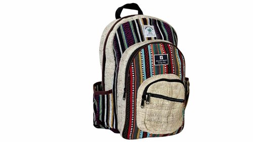 Zillion Craft large backpack for men and women. Strong and durable made from natural hemp and gheri. Multi pocket multi color hand made bag