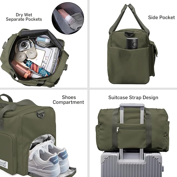 Travel Duffel Bag with Shoes Compartment Sports Gym Bag with Dry Wet Separated Pocket for Men and Women, Overnight Bag Weekender Bag Training Handbag Yoga Bag - Olive Green