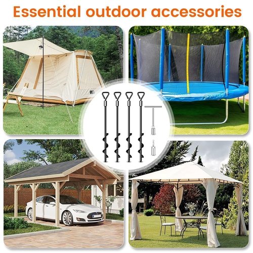 Ground Anchors Screw in Tent Stakes Heavy Duty Trampoline Stakes High Winds, Ground Anchors for Camping Tent, Canopies, Carports, Sheds, Swing Sets, Canopy Stakes Kit, Mobile Home Anchors 4 Pack