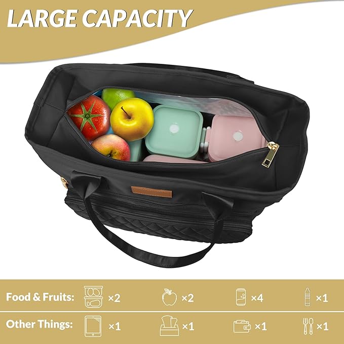 Large Insulated Lunch Bag for Work, Women's Nylon Thermal Lunch Box, Leakproof Cooler Tote Bag with Storage Pocket (Black)
