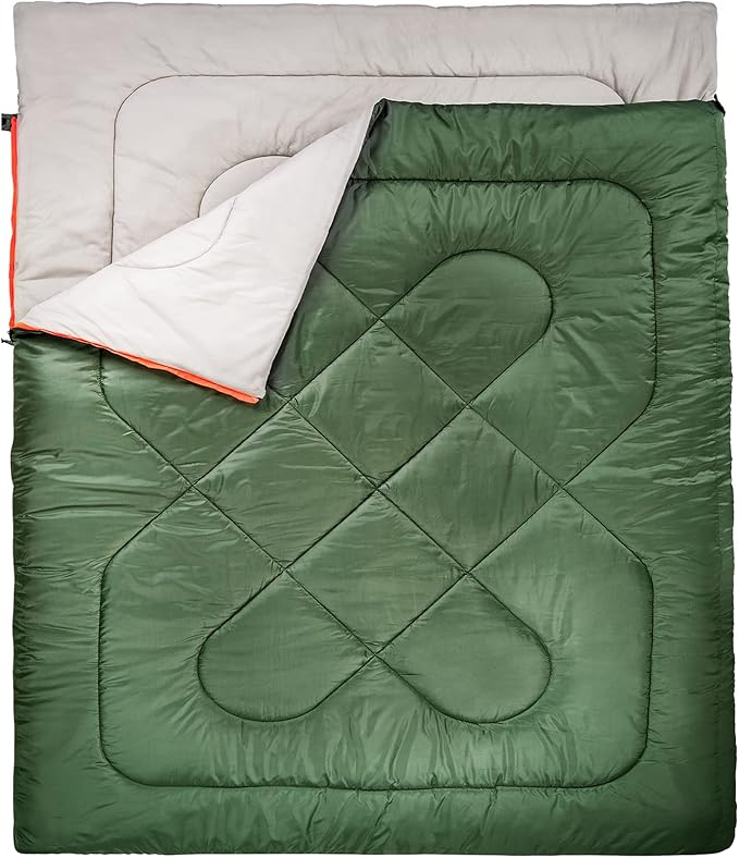 Amazon Basics 3-Season Durable Sleeping Bag for Adults, Olive Green, Queen, Ideal for Hiking