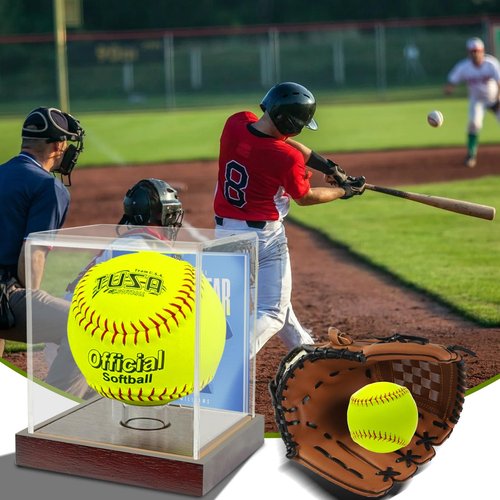 UV Protected Softball/Baseball Display Case with Hard Solid Wooden Base - Holds 11/12 inch Balls, 4x4 Photo Slot & Ring Holder (4x4x4.8inch)