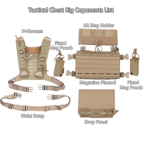 Gwild Concepts Tactical Chest Rig, MOLLE Micro Fight Airsoft Vest with Adjustable Harness, 5.56 Magazine Pouch Holder, 9mm Mag pouch, Abdominal Drop Panel, Coyote Brown