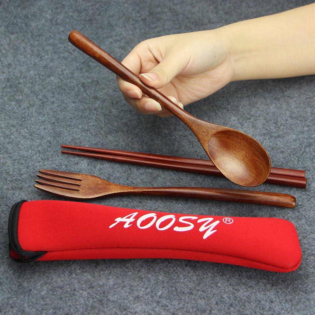 Wooden Spoon and Fork Set, AOOSY 3 Pcs Nanmu Wood Fork Spoon Chopsticks Camping Travel Flatware Set Tableware with Bag, Brown Color