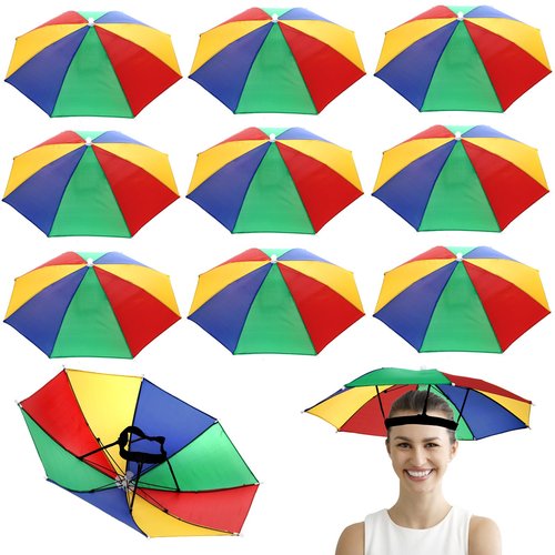 Covzoe 10 Pack Umbrella Hat, Rainbow Head Umbrella Cap with Elastic Band, 21 Inch Folding Waterproof Fishing Umbrellas Cap for Camping, Gardening, Beach Hiking, Outdoor Sun Protection