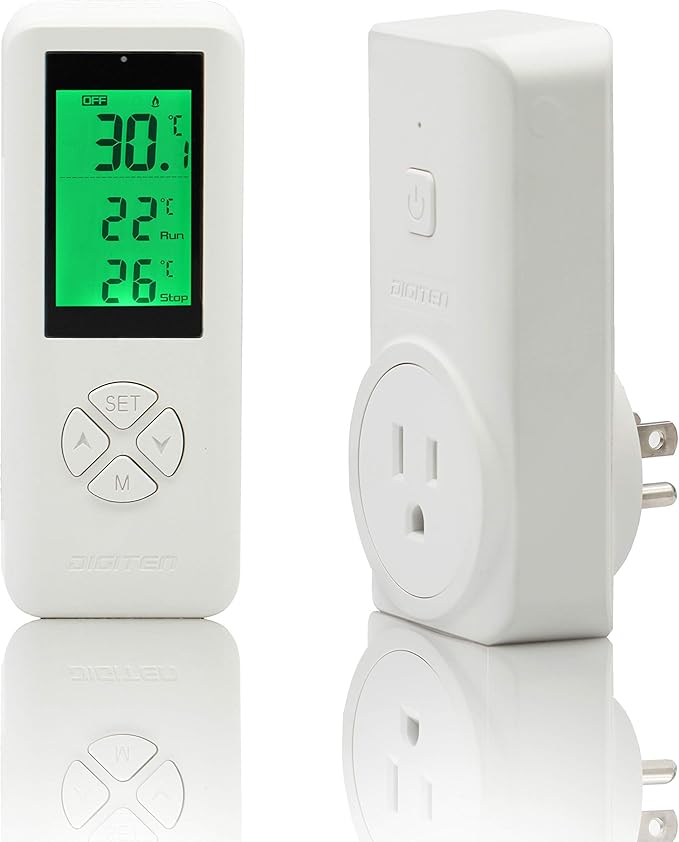 DIGITEN Wireless Temperature Controlled Outlet, Digital Plug-in Programmable Thermostat Outlet with Remote Control, Heating & Cooling for A/C, Fan, Heater (Temp Sensor Built in The Remote Controller)