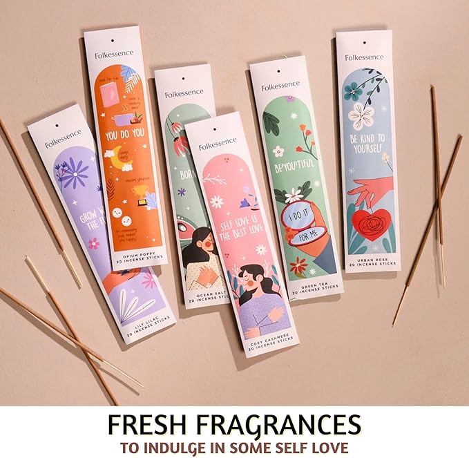 Folkulture Incense Sticks - Set of 6 (120 Sticks) for Relaxation - Green Tea, Rose and Geranium, Natural and Non Toxic, Organic and Slow Burning Inscent, Insense Sticks (Self Love Club)