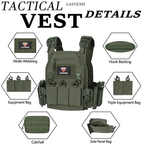 LASVENIS Tactical Vest for Men Weighted Vest Fully Adjustable Outdoor Training Gaming Vests… (Green)