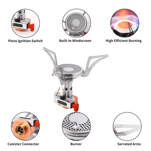 Generic Portable Camping Gas Stove with Piezo Ignition with Carrying Bag, Lightweight Windproof Butane Adapter 3200W Propane Tank Gas Stove for Outdoor Cooking, Picnic, Camping, Hiking, 1, silver