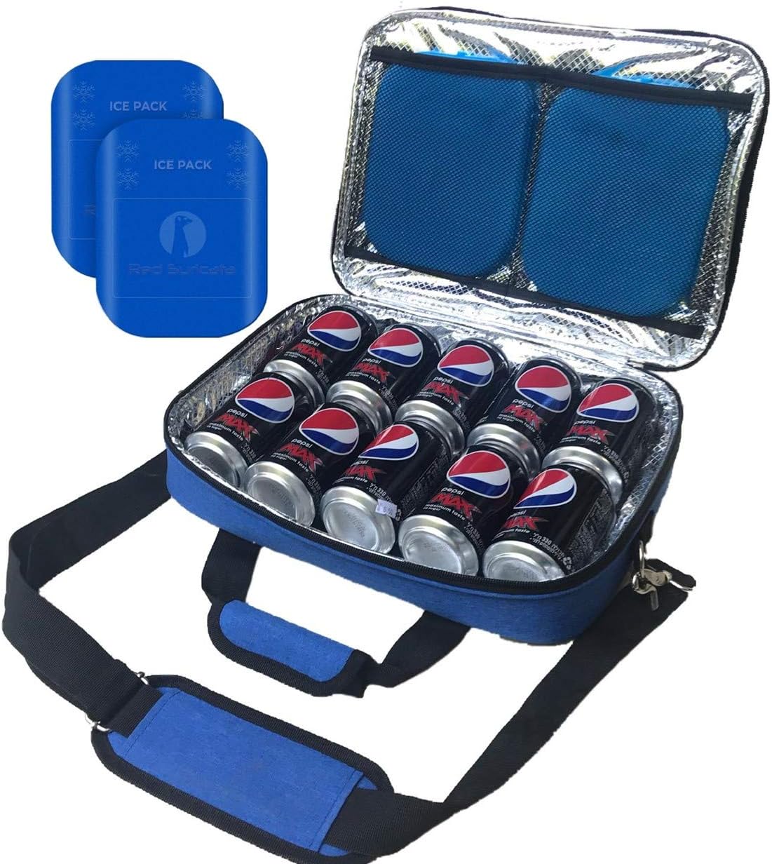 Red Suricata Insulated Slim Cooler – Ultra Thin, Flat Mini Small Cooler Lunch Bag Fits 10 Drink Cans - 2 Slim Reusable Ice Packs Included - Small Iceless Golf Cart Bag for Beer (Black)