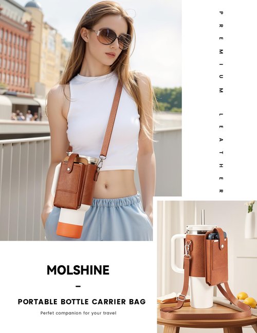 molshine Water Bottle Carrier Bag Holder with Phone Pocket Adjustable Strap for Stanley 30 40oz, Insulated PU Leather Cover Sleeve Sling Crossbody Bag for Walking Camping Hiking Travelling (Brown)