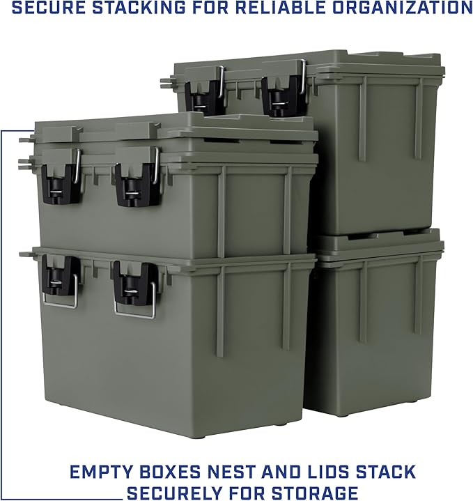 Sheffield 12774 2-Pack XL Ammo Storage Box, Stackable .50 Cal Field Boxes, Water and Dust Resistant, Lockable Storage Box with Handle, Heavy Duty Protection for Hunting Gear, Made in the USA, Green