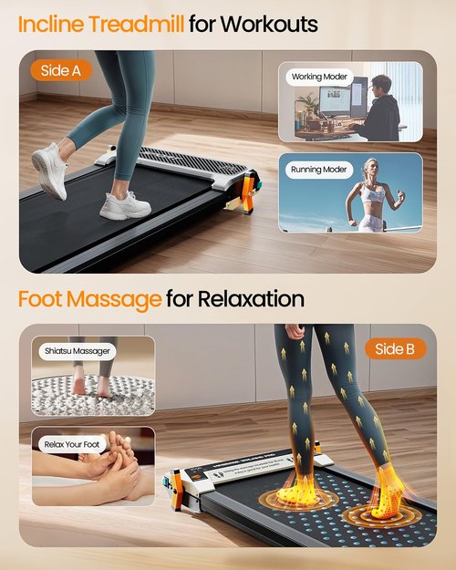 AKLUER Walking Pad with Incline - Dual-Sided 2 in 1 Under Desk Treadmill with Shiatsu Foot Massager, 330LBs Walking Pad Treadmills for Home and Office, LED Display and Remote Control, Black