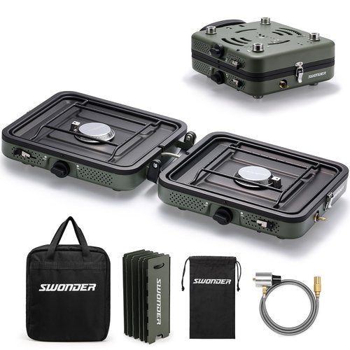 Swonder Portable 2-Burner Camping Stove with Windscreen - 17,500 BTU Propane Stove, Foldable Design, Adjustable Flame Control, Stainless Steel Construction, Includes Waterproof Carry Bag