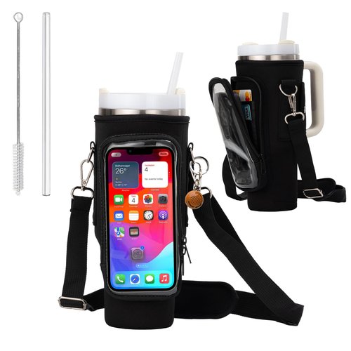 YMCSPECIALITY Water Bottle Holder with Strap - Neoprene Sleeve - Adjustable Shoulder and Hand Sling - Phone Pocket Glass Straw and Brush - 40 oz Stanley Cup Accessories (Black)