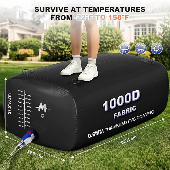 Moongiantgo 264G/1000L Foldable Water Storage Bladder-1000D PVC Portable Emergency Water Storage Container with Valve & Overflow Kit-Soft Water Storage Bag for Emergency Water, RV, Garden, Black