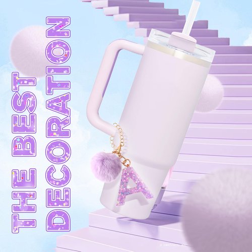 Rabrgab Letter Charm Accessories for Stanley Cup with Handle, Cute Initial Letter for Stanley Tumbler with Bling Charms Purple Pompom K