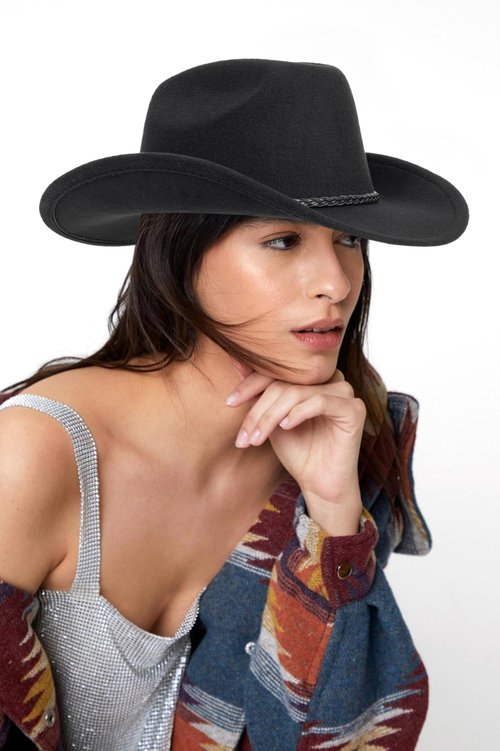 Women Men Classic Felt Wide Brim Western Cowboy Cowgirl Hat Rodeo Hat with Belt Black