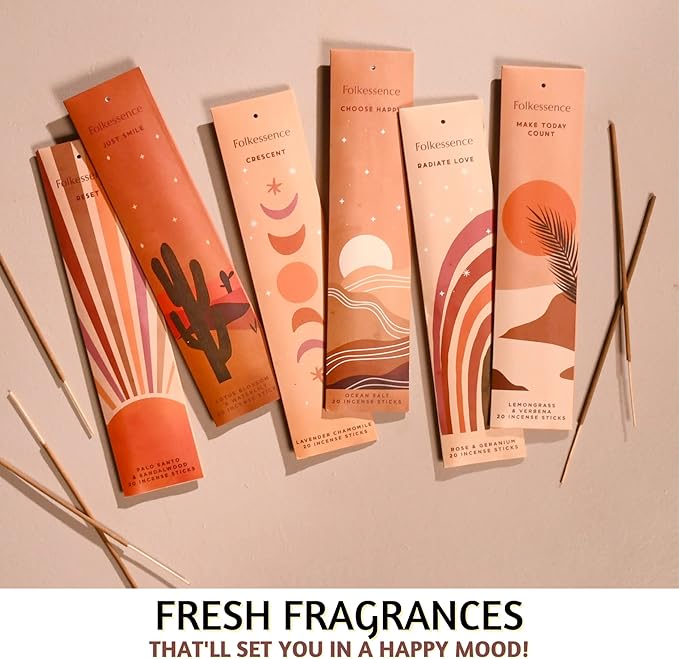 Folkulture Incense Sticks - Set of 6-120 Sticks, Palo Santo Incense Sticks, Sandalwood Incense Sticks, Lemongrass, Rose Geranium, Insense Sticks, Organic & Slow Burning Inscents